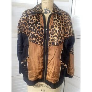 80s Wind Breaker Black and Brown Cheetah Pattern Metallic Gold Trim Small/Medium